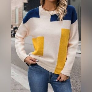 UE Colorblock Sweater in Cream, Navy, and Mustard